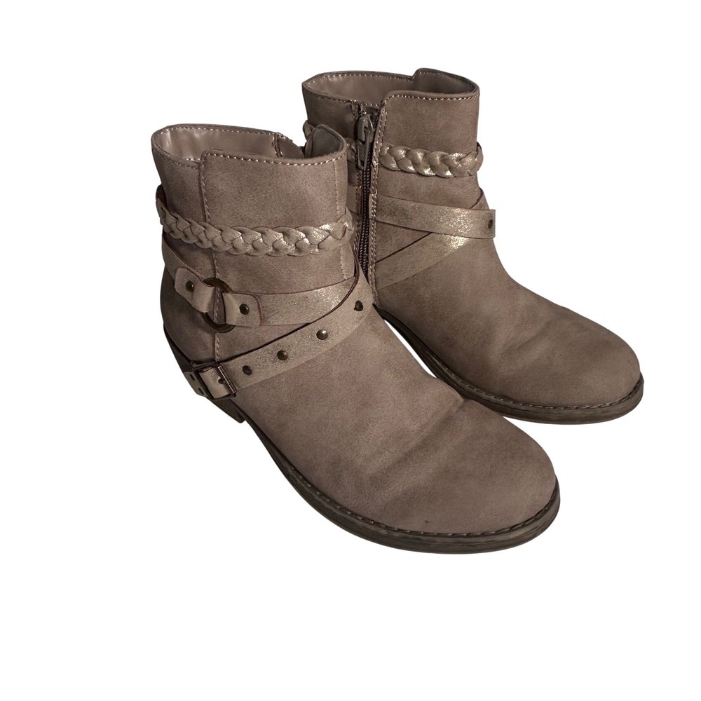 Kohl's Autumnstone Girls‎ Tan Faux Suede Ankle Boots Braided Strap Buckle Size 4